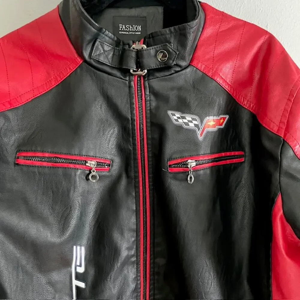 Corvette C7 Racing Jacket Black Red 2XL Faux Leather Moto Coat Streetwear Y2K